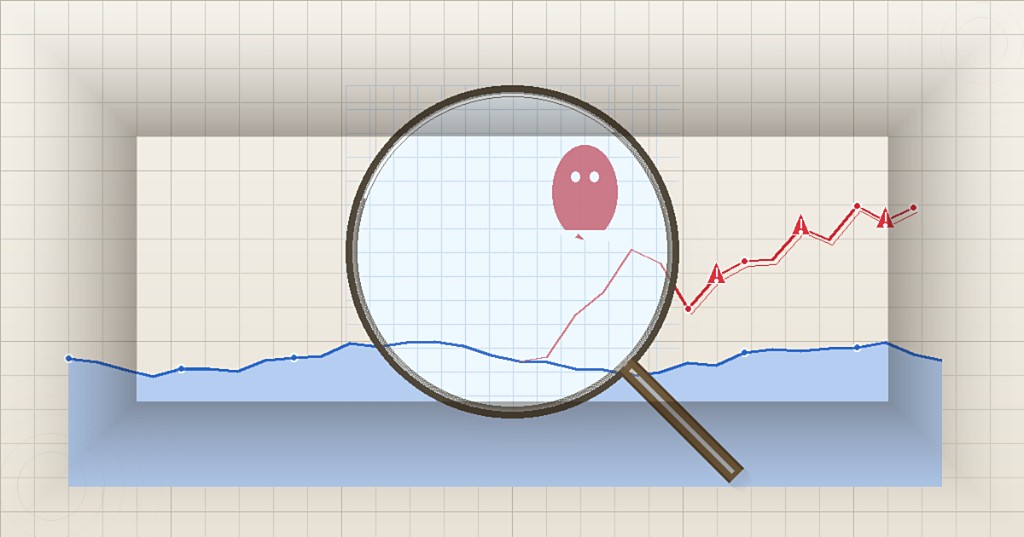 Chart with magnifying glass revealing bot traffic hidden in analytics spikes